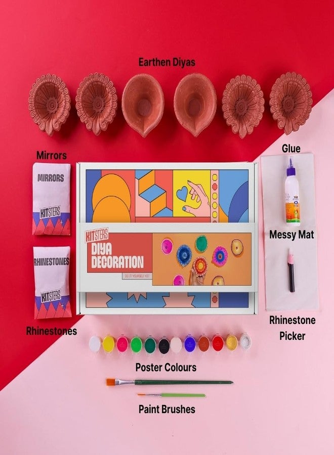 KITSTERS DIY Diya Decoration Kit | Design Diyas for Festivals - Diwali | Poster Paint - Paintbrush - Mirrors - Rhinestones | Gifting Items | Activity Kids & Adults | Detailed Video Workshop Included - Image 2